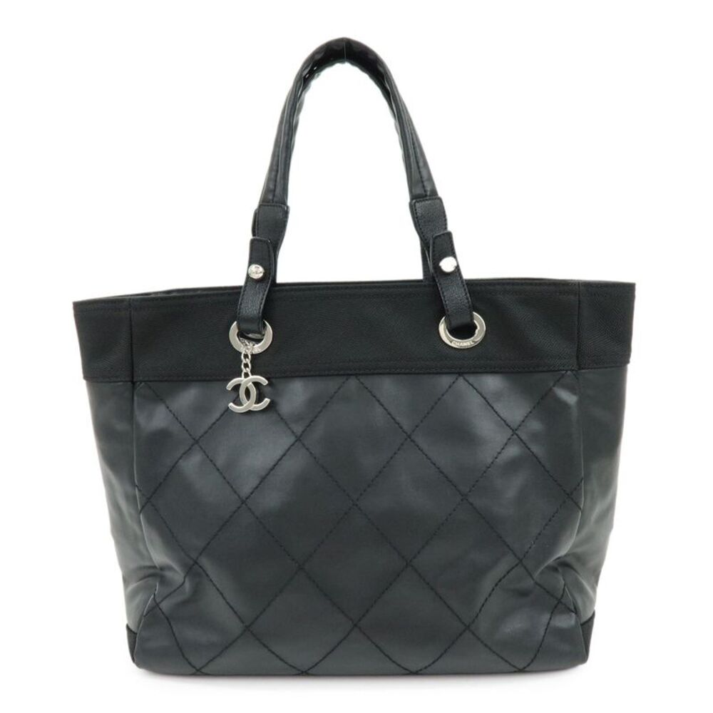 Chanel Biarritz Quilted Coated Canvas Black Leather Tote Bag Bag